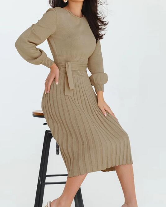 Vestido suéter feminino fino plissado de comprimento médio 