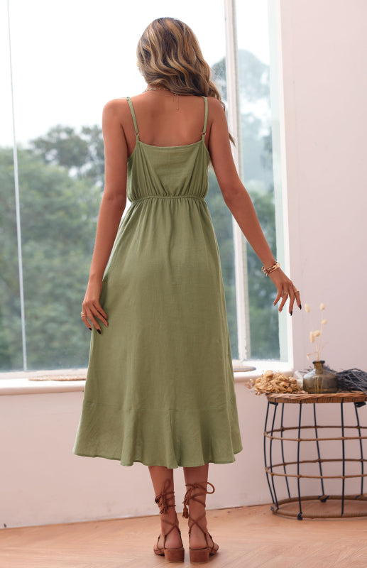 Women's Solid Color Midi Dress Beach Loose Sling Green Cotton Linen Dress