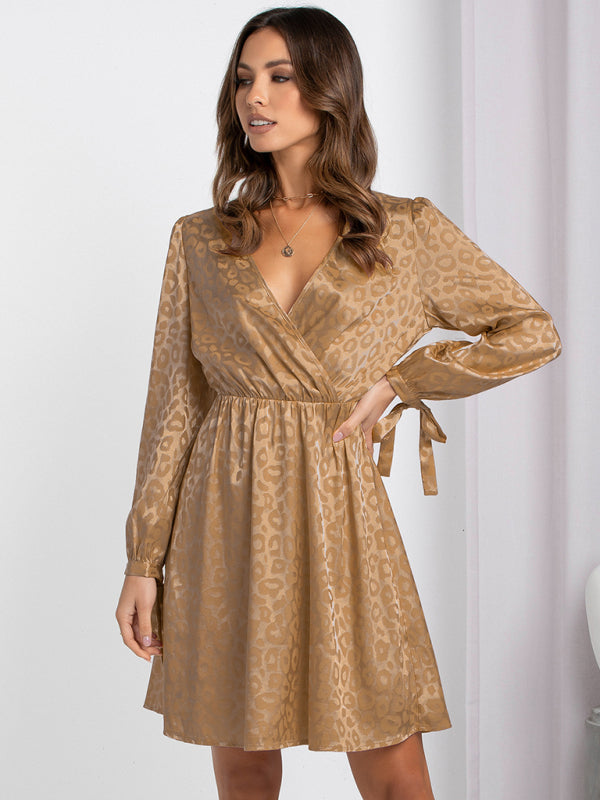 Vestido solto feminino com decote em V e manga comprida estampado 
