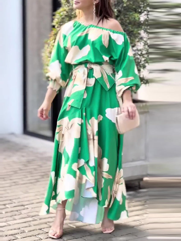Vestido feminino temperamento elegante com estampa de manga lanterna 