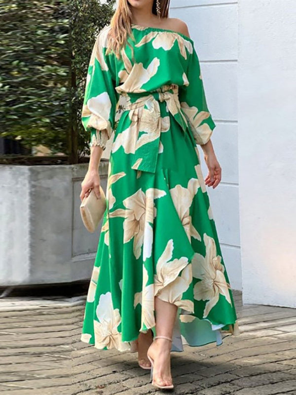 Vestido feminino temperamento elegante com estampa de manga lanterna 