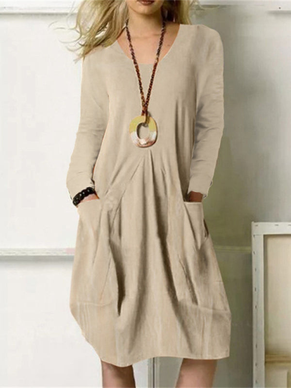 Vestido longo casual solto de algodão linho vestido com bolso de cor sólida 