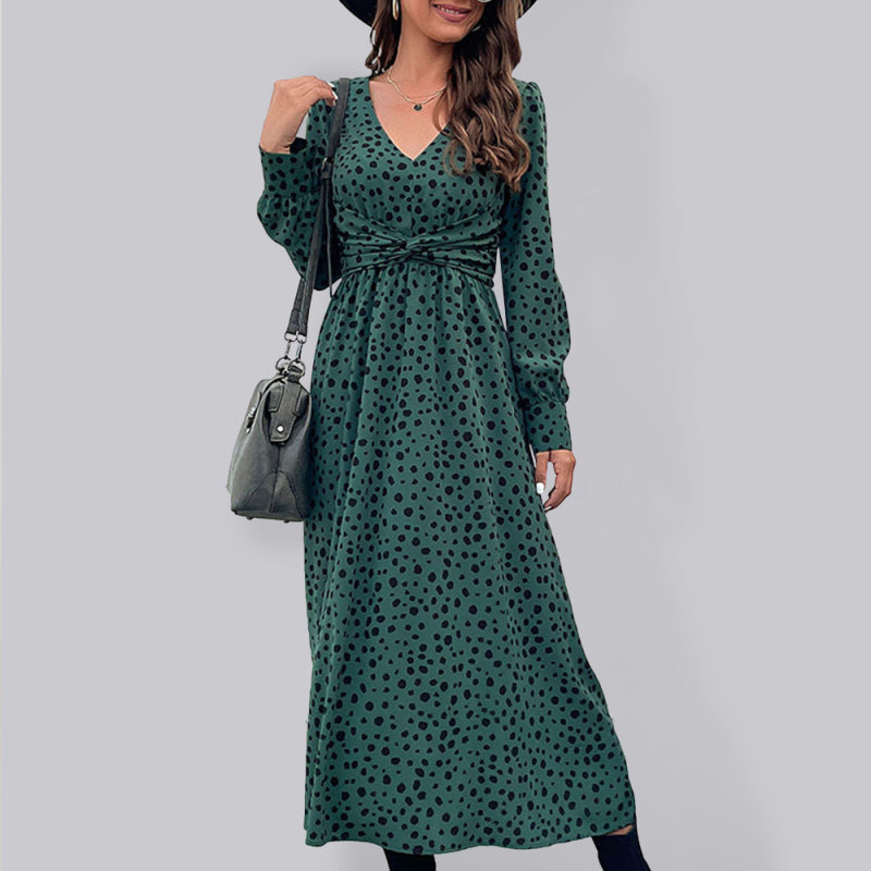 Women's Woven Casual Polka Dot Knotted Long Sleeve Dress