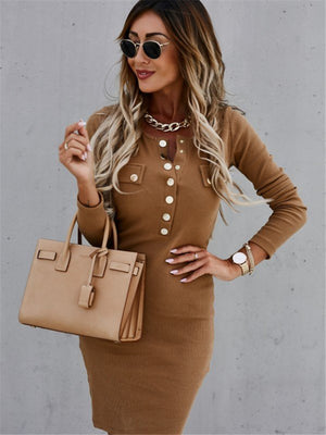 Women's Solid Color Long Sleeve Round Neck Button Dress