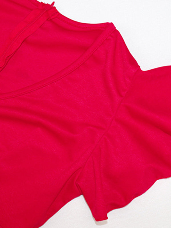 Women's solid color V-neck ruffle sleeve slim dress
