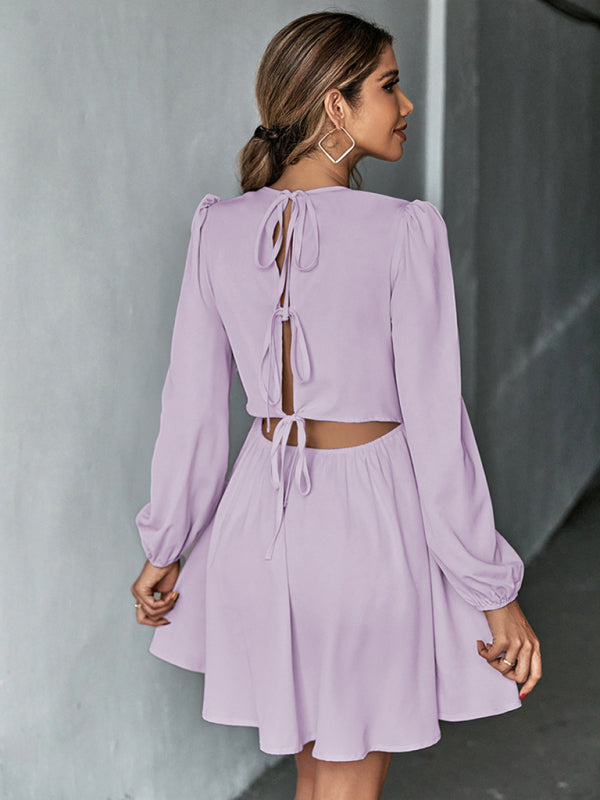 Women's woven sweet waist A-line skirt sexy backless long-sleeved dress
