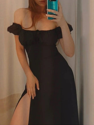 Women's Solid Color Puff Sleeve Tie Slim Dress