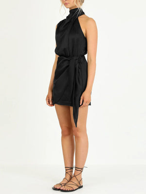 Minivestido feminino de cetim com decote halter de alta qualidade com alça slim fit para celebridades 