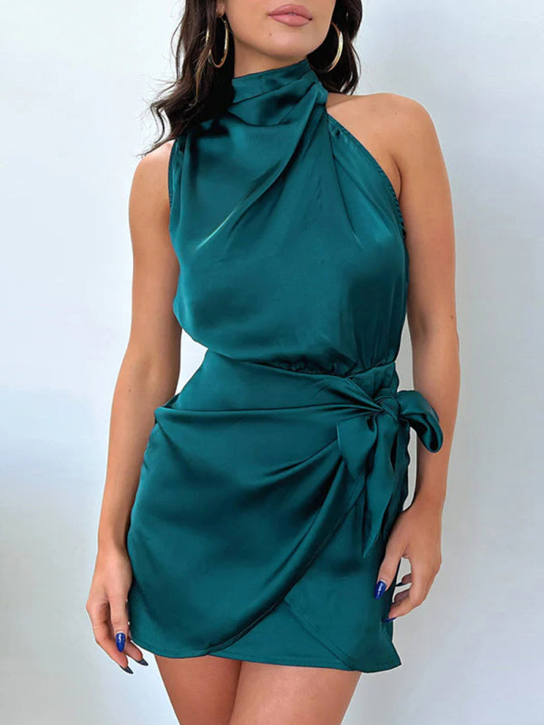 Minivestido feminino de cetim com decote halter de alta qualidade com alça slim fit para celebridades 