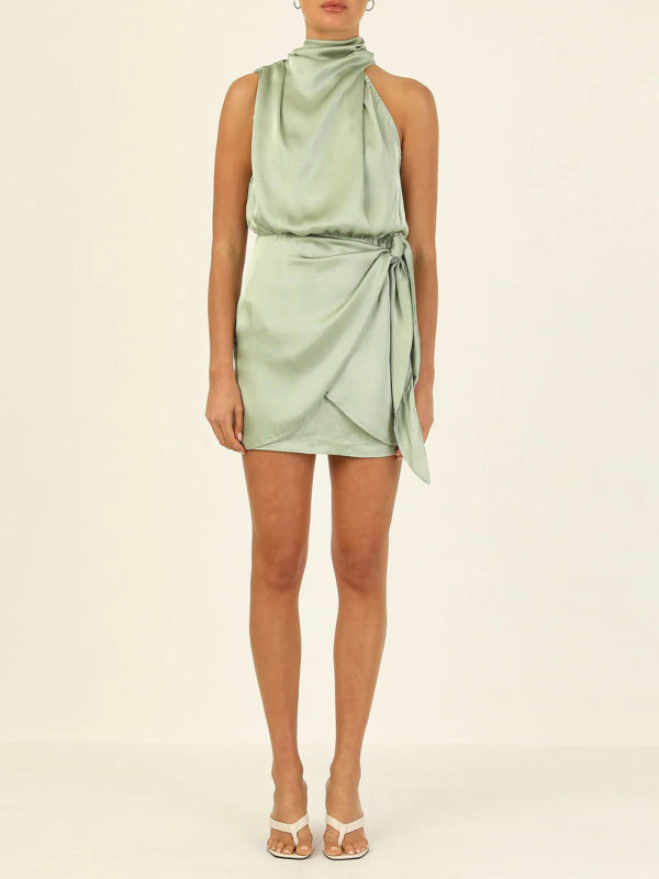 Minivestido feminino de cetim com decote halter de alta qualidade com alça slim fit para celebridades 