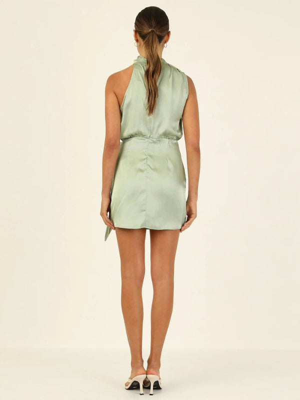 Minivestido feminino de cetim com decote halter de alta qualidade com alça slim fit para celebridades 
