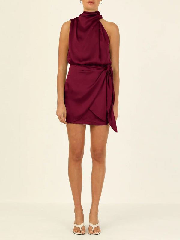 Minivestido feminino de cetim com decote halter de alta qualidade com alça slim fit para celebridades 