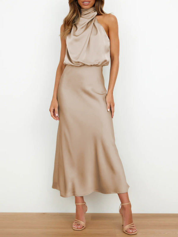 Vestido feminino de comprimento médio com alça de cetim de alta qualidade e corte justo 