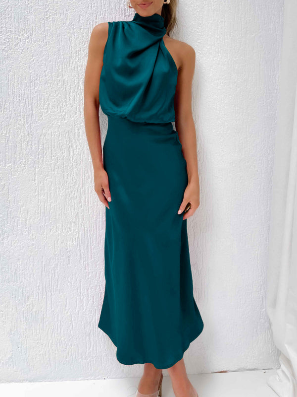 Vestido feminino de comprimento médio com alça de cetim de alta qualidade e corte justo 