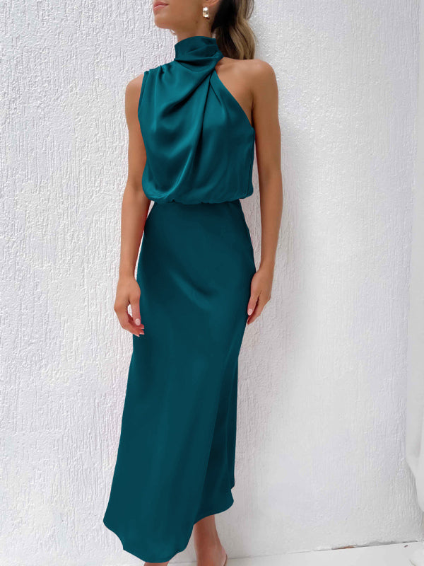 Vestido feminino de comprimento médio com alça de cetim de alta qualidade e corte justo 