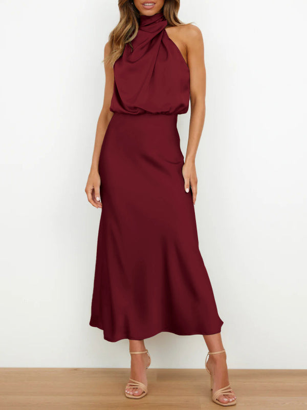 Vestido feminino de comprimento médio com alça de cetim de alta qualidade e corte justo 