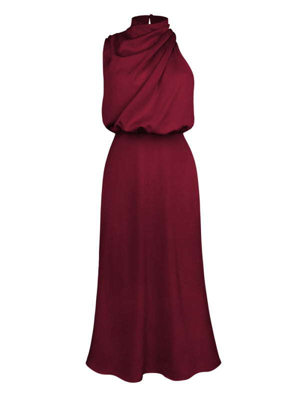 Vestido feminino de comprimento médio com alça de cetim de alta qualidade e corte justo 