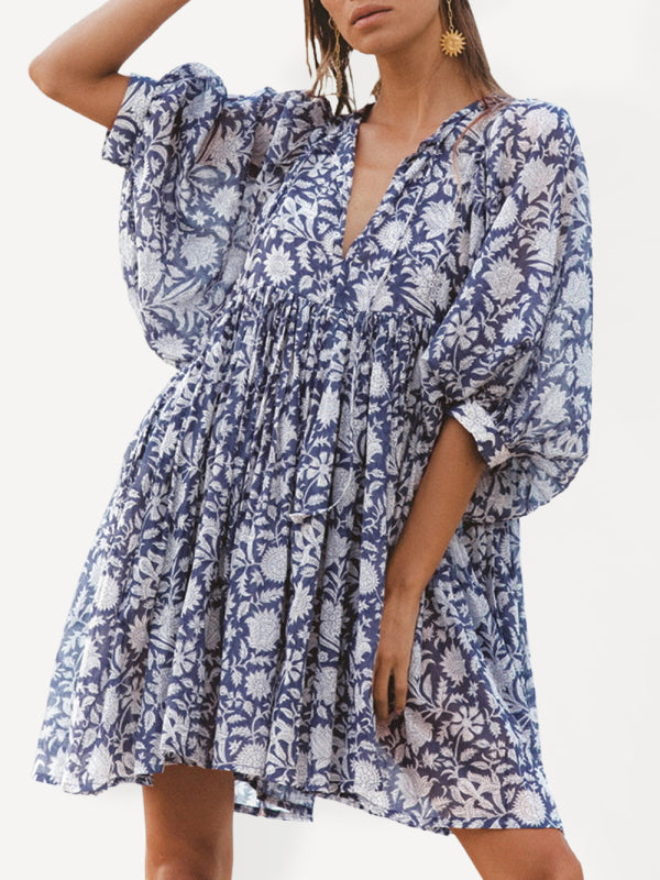 Women's Woven Floral Loose Casual Dress with String