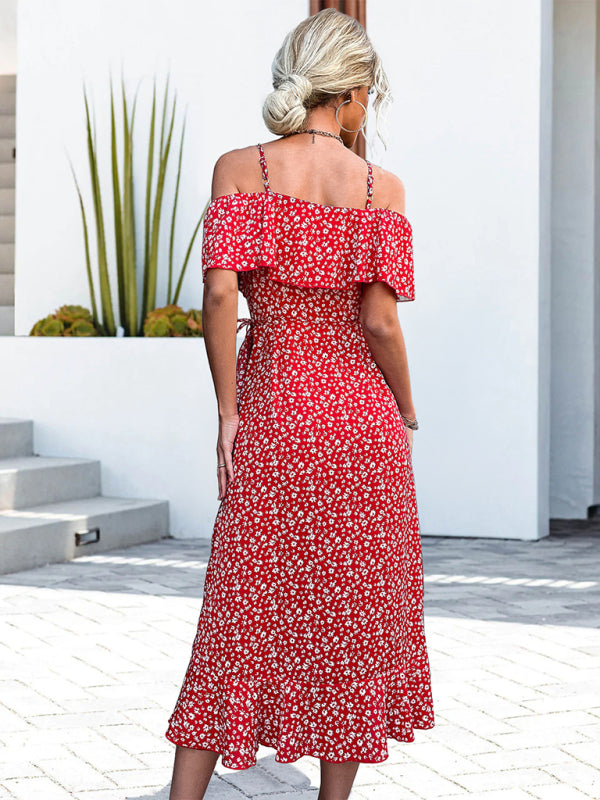Women's woven one-shoulder floral sling irregular mid-length dress