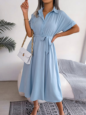 Women's Solid Color Casual Loose Tie Shirt Dress Long Skirt