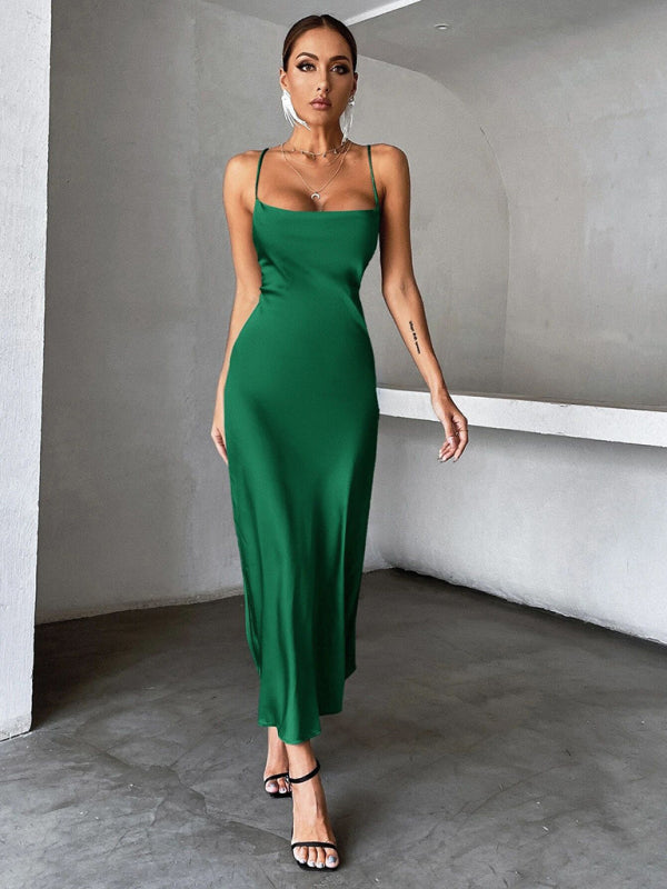 Vestido de festa feminino de cetim de cor sólida com suspensório 