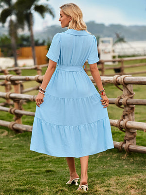 Women's fresh and sunny strap waist V-neck short-sleeved dress