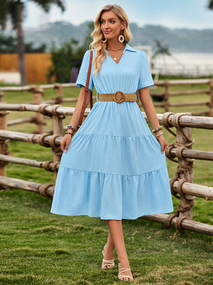 Women's fresh and sunny strap waist V-neck short-sleeved dress