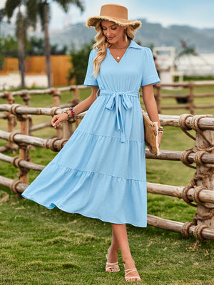 Women's fresh and sunny strap waist V-neck short-sleeved dress