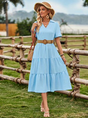Women's fresh and sunny strap waist V-neck short-sleeved dress