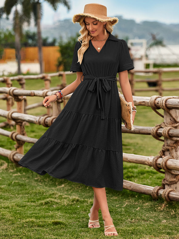 Women's fresh and sunny strap waist V-neck short-sleeved dress