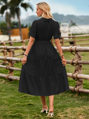 Women's fresh and sunny strap waist V-neck short-sleeved dress