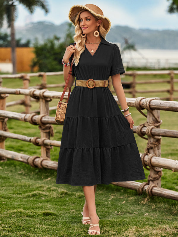 Women's fresh and sunny strap waist V-neck short-sleeved dress