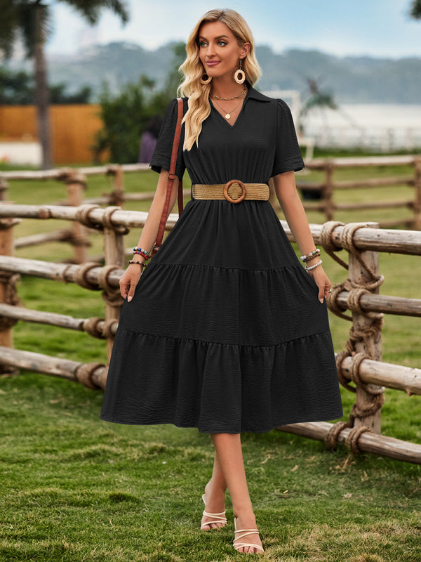 Women's fresh and sunny strap waist V-neck short-sleeved dress