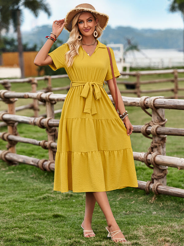 Women's fresh and sunny strap waist V-neck short-sleeved dress