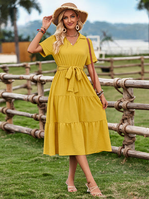 Women's fresh and sunny strap waist V-neck short-sleeved dress