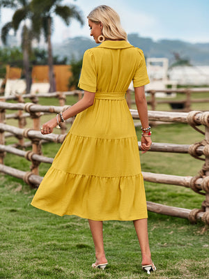 Women's fresh and sunny strap waist V-neck short-sleeved dress