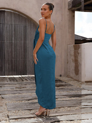 Vestido de satén elegante francés anudado con tirantes para mujer 