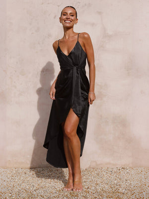 Vestido de satén elegante francés anudado con tirantes para mujer 