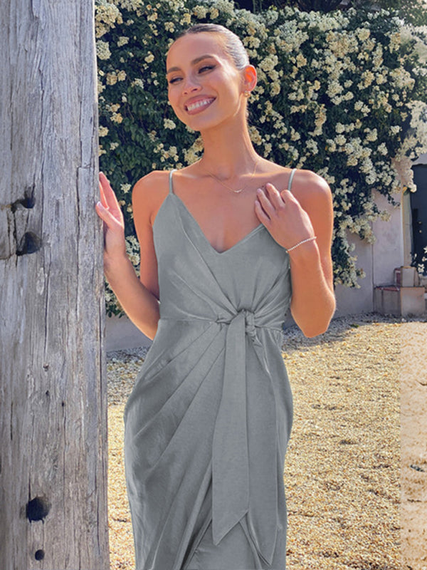 Vestido de satén elegante francés anudado con tirantes para mujer 
