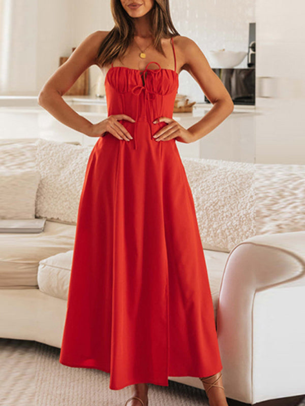 Women's solid color fashion high-end suspender slit low-key elegant dress