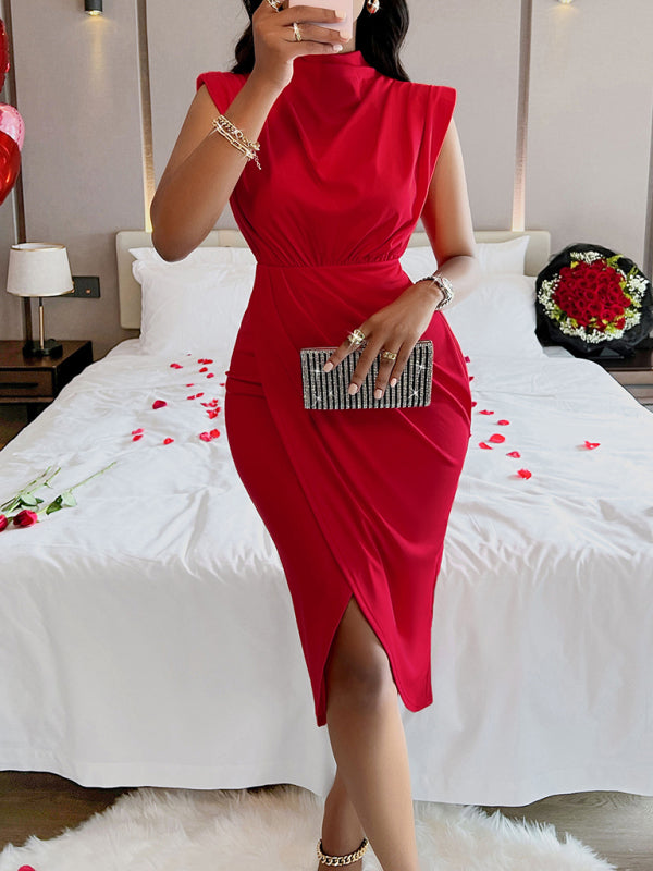 Women's solid color stand collar waist slit dress