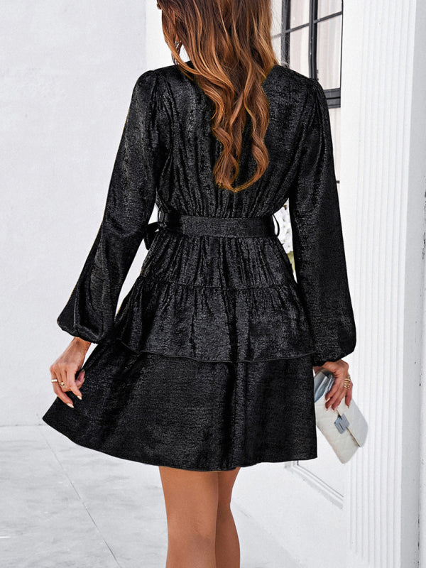 Vestido feminino de manga comprida com decote em V e cintura brilhante em cor sólida 